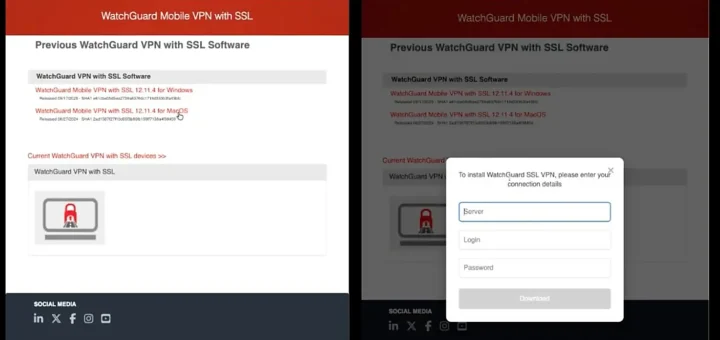 WatchGuard VPN phishing and WatchGuard VPN phishing site attack flow diagram